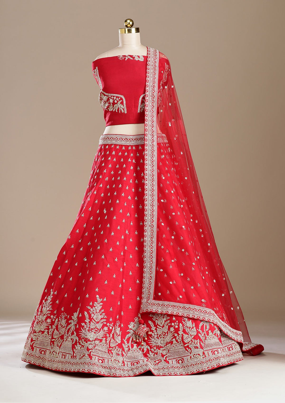 Red Zardozi (Gold) Raw Silk Readymade Lehenga-koskii