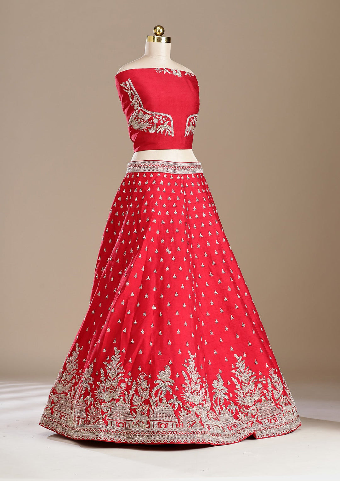 Red Zardozi (Gold) Raw Silk Readymade Lehenga-koskii