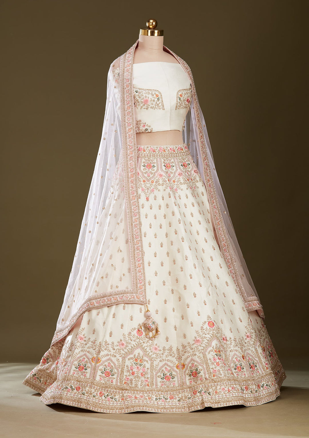 Cream Zardozi (Gold) Raw Silk Readymade Lehenga