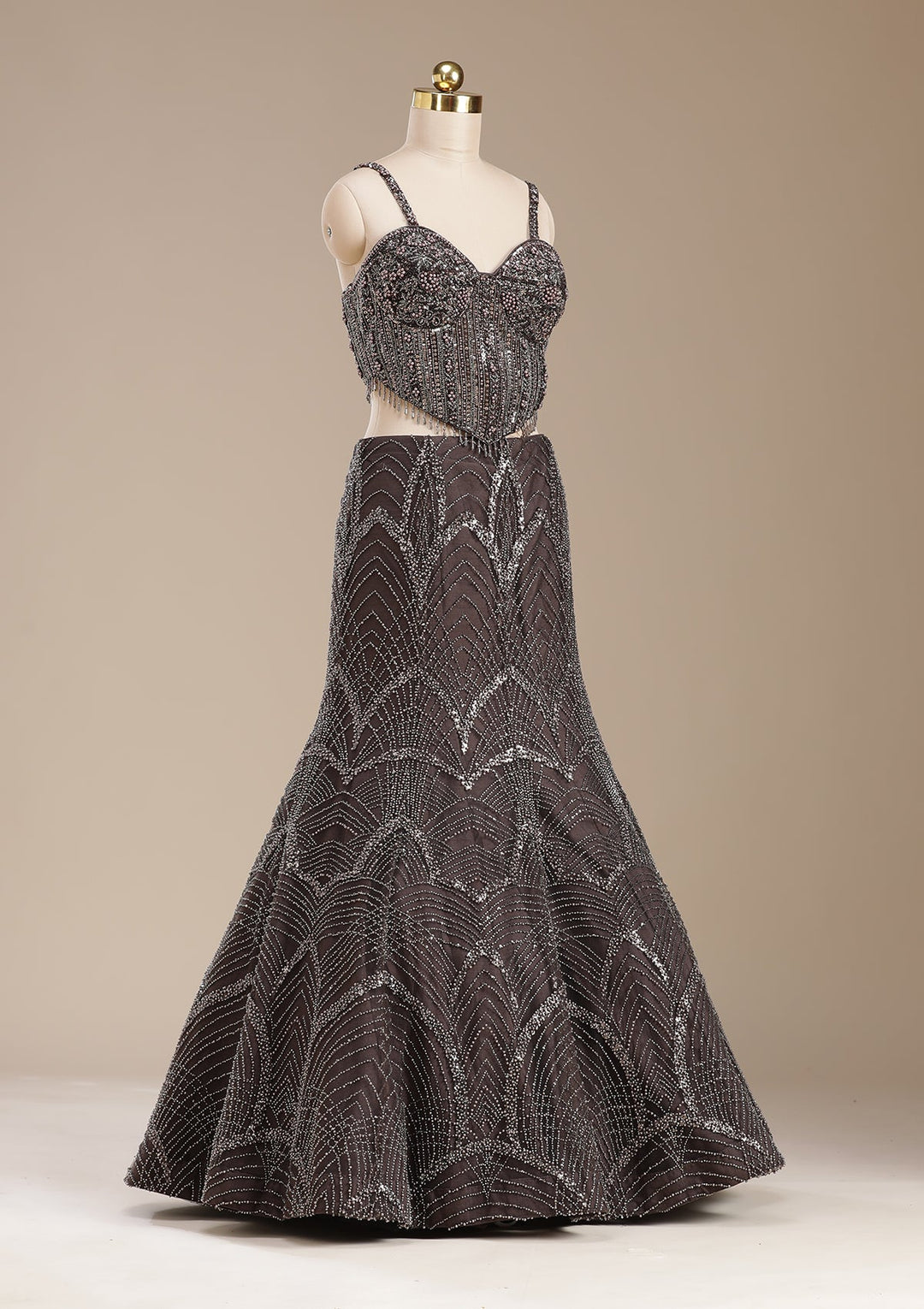 Brown Cutdana Net Readymade Lehenga-koskii