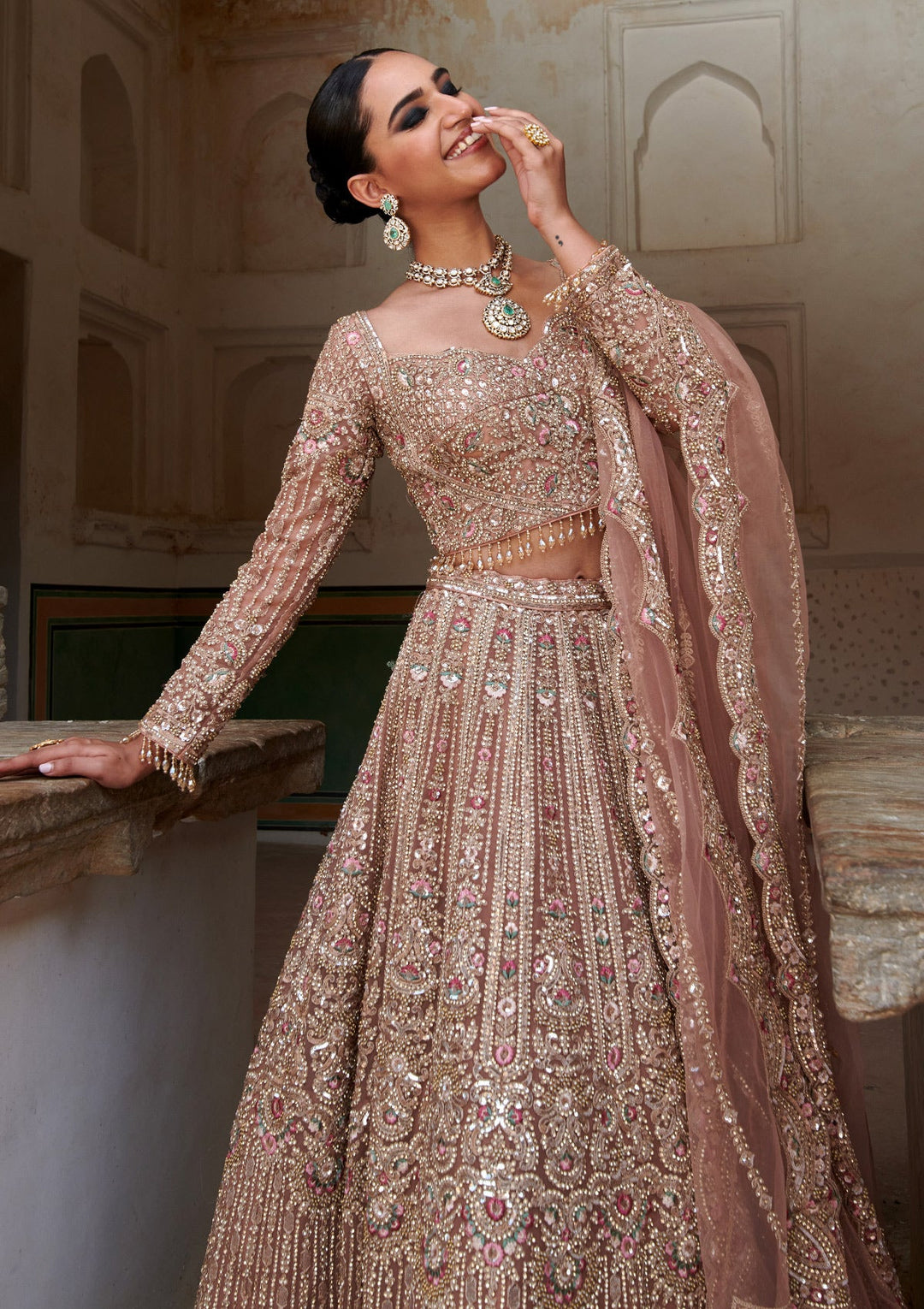 Peach Sequins Net Readymade Lehenga