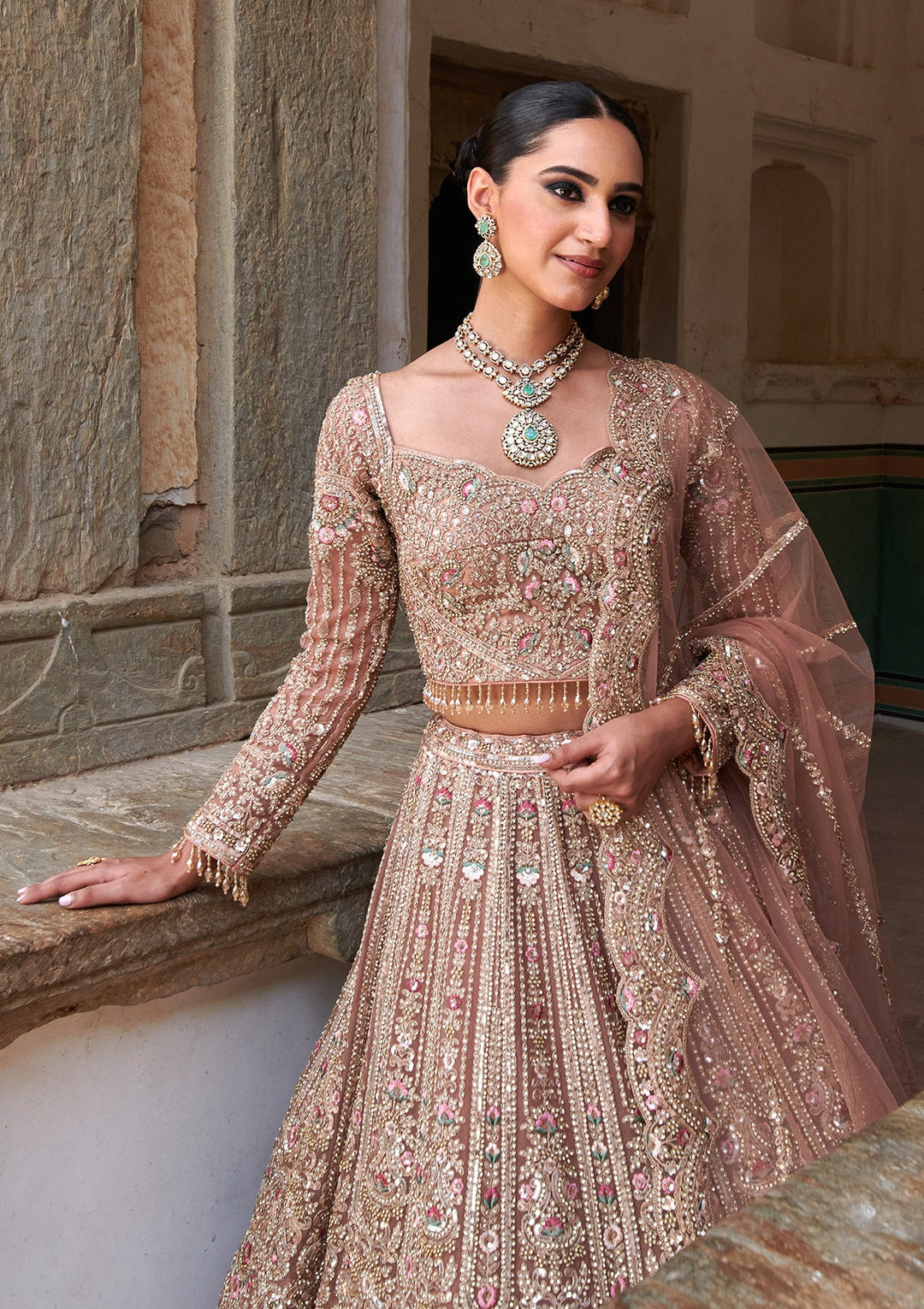 Peach Sequins Net Readymade Lehenga