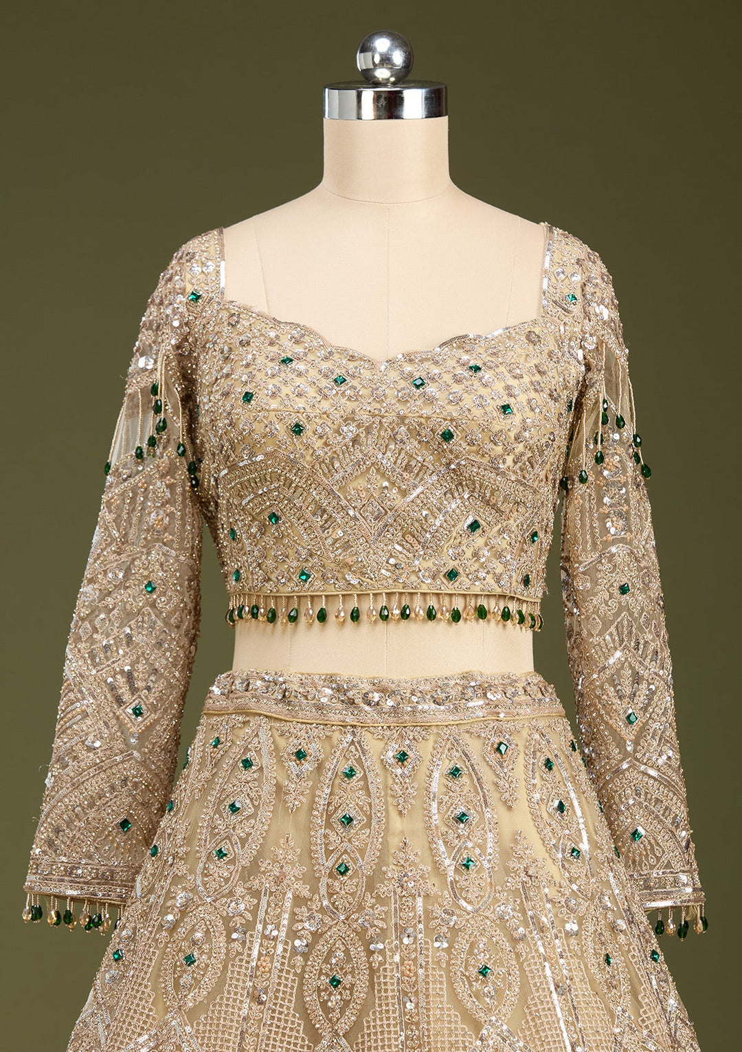 Beige Sequins Net Readymade Lehenga