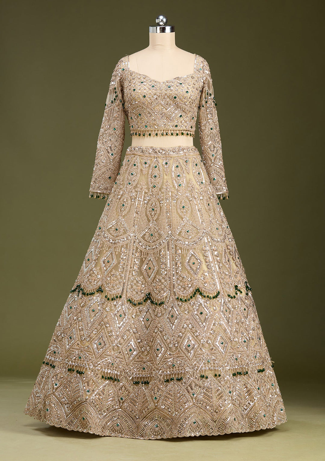 Beige Sequins Net Readymade Lehenga