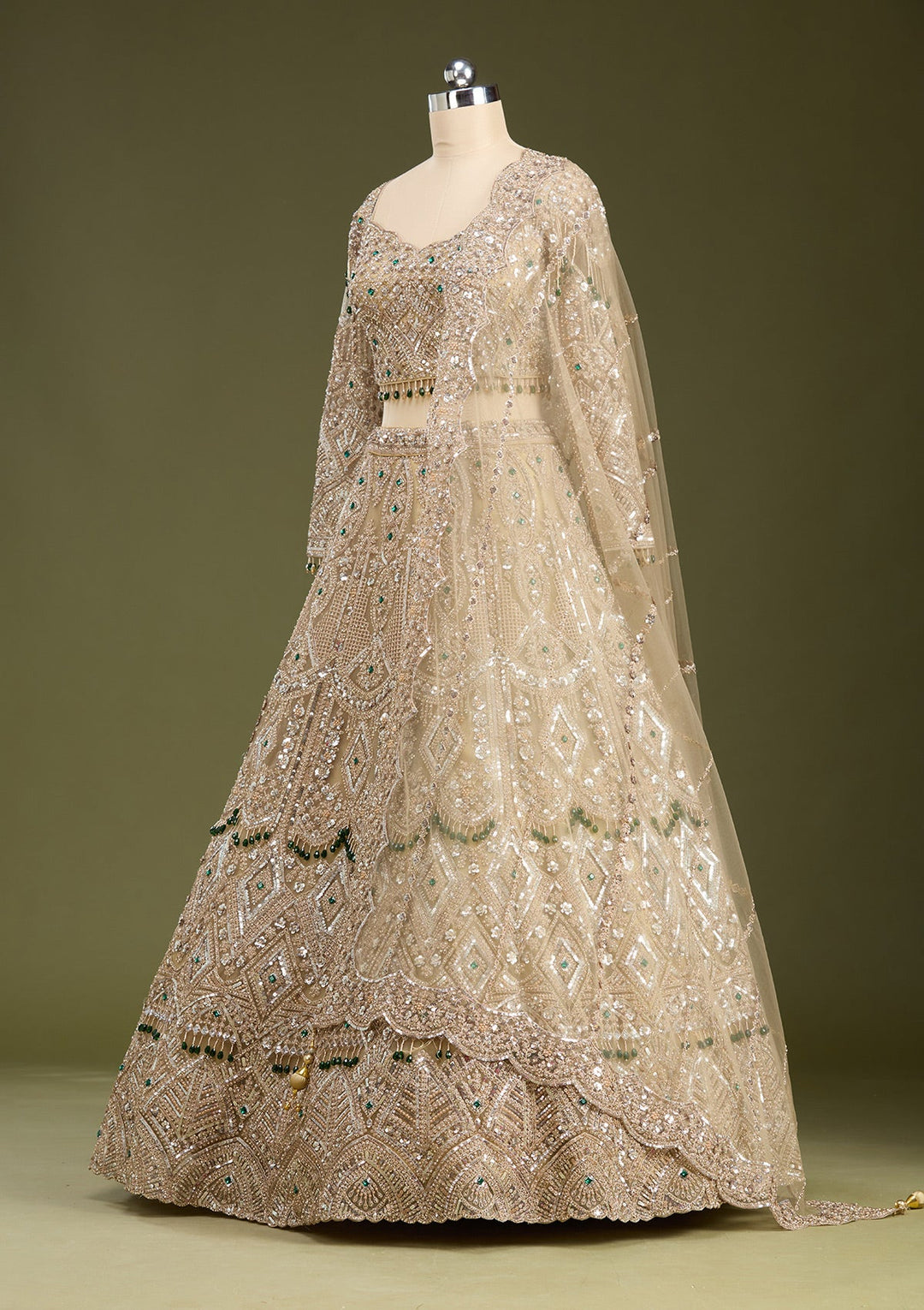 Beige Sequins Net Readymade Lehenga