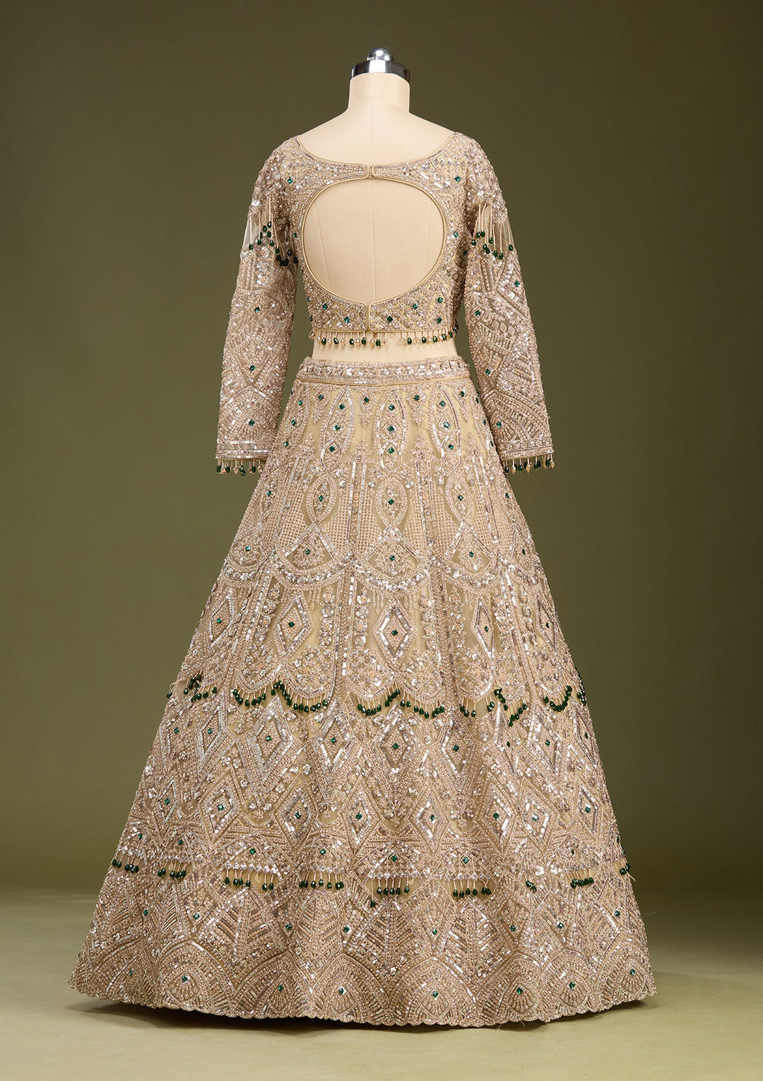 Beige Sequins Net Readymade Lehenga