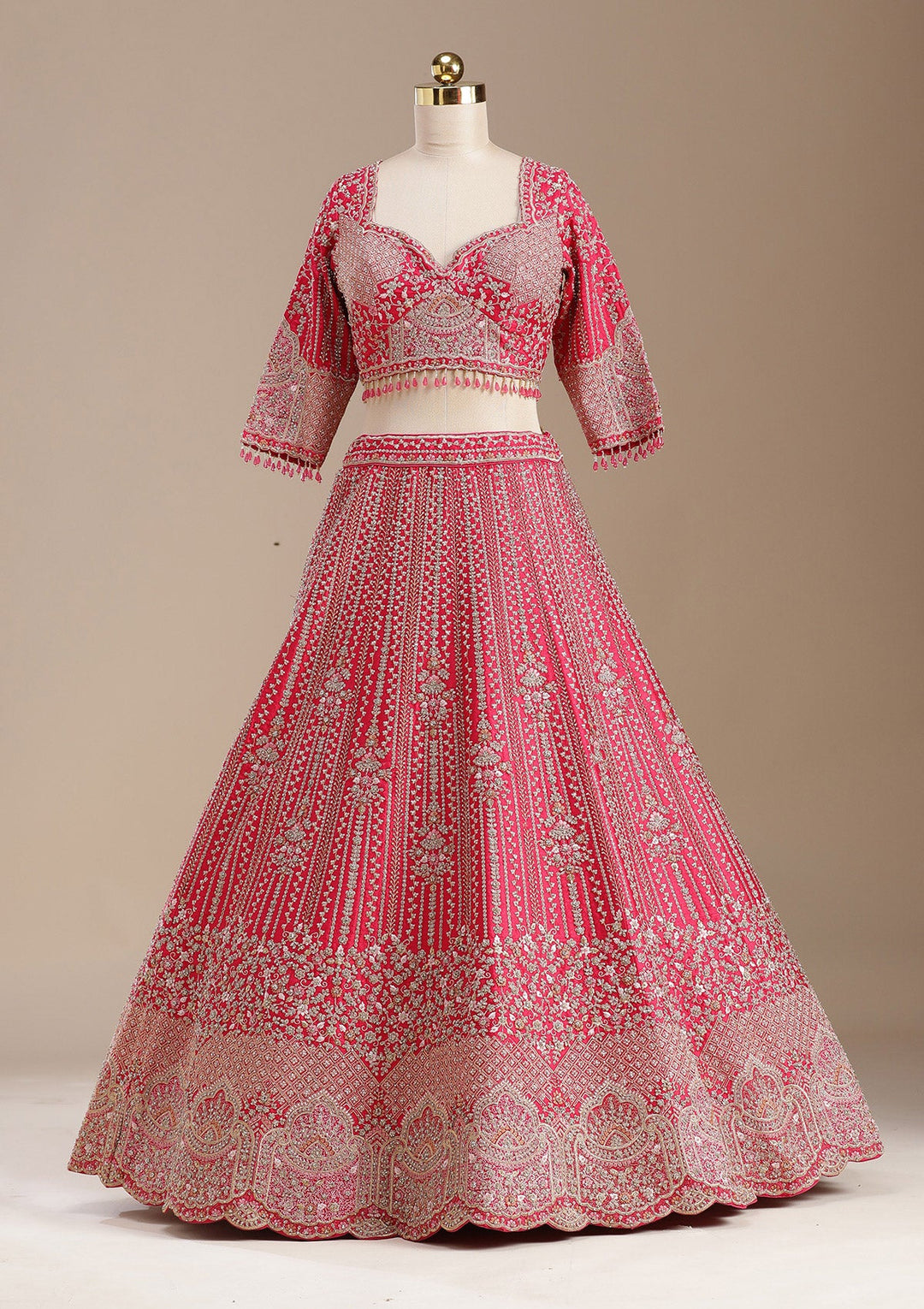 Rani Pink Cording Raw Silk Semi-Stitched Lehenga
