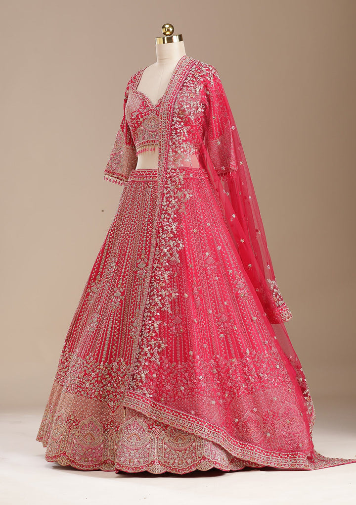 Rani Pink Cording Raw Silk Semi-Stitched Lehenga