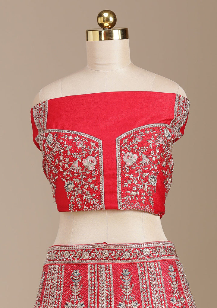 Red Cording Net Semi-Stitched Lehenga