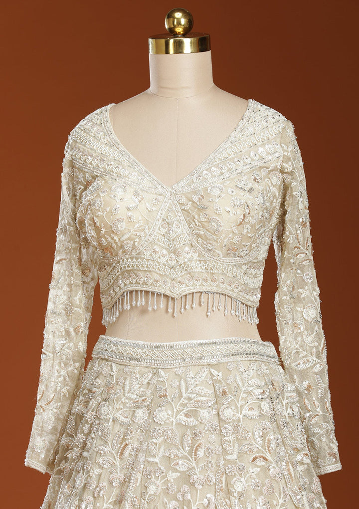 Beige Threadwork Organza Readymade Lehenga-koskii