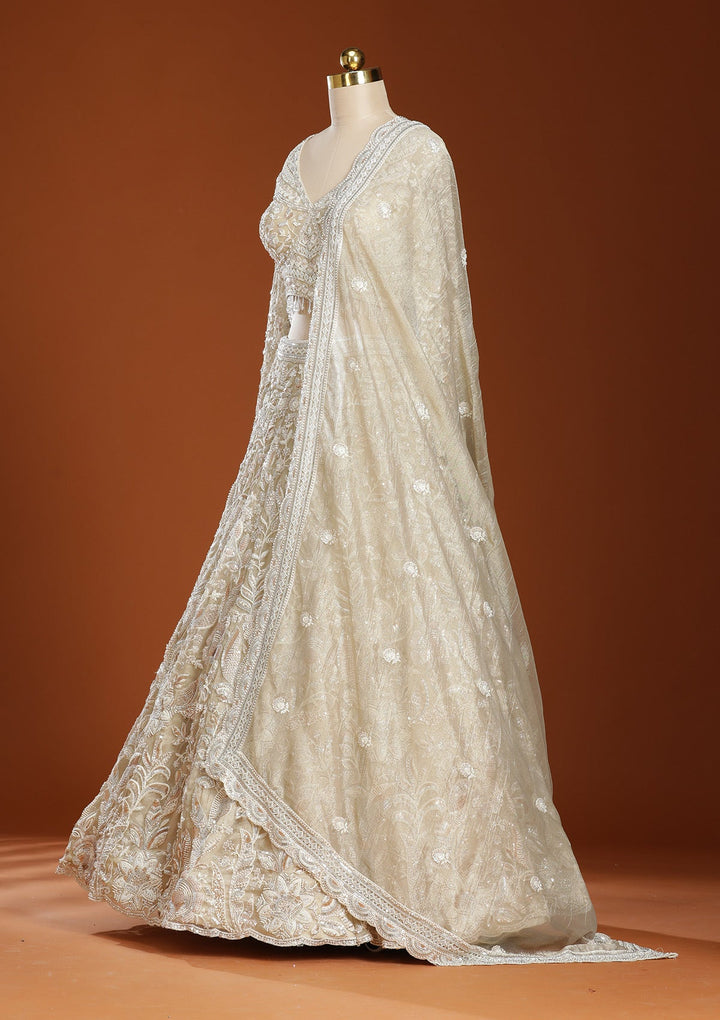 Beige Threadwork Organza Readymade Lehenga-koskii