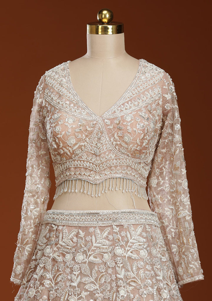 Pink Threadwork Organza Readymade Lehenga-koskii