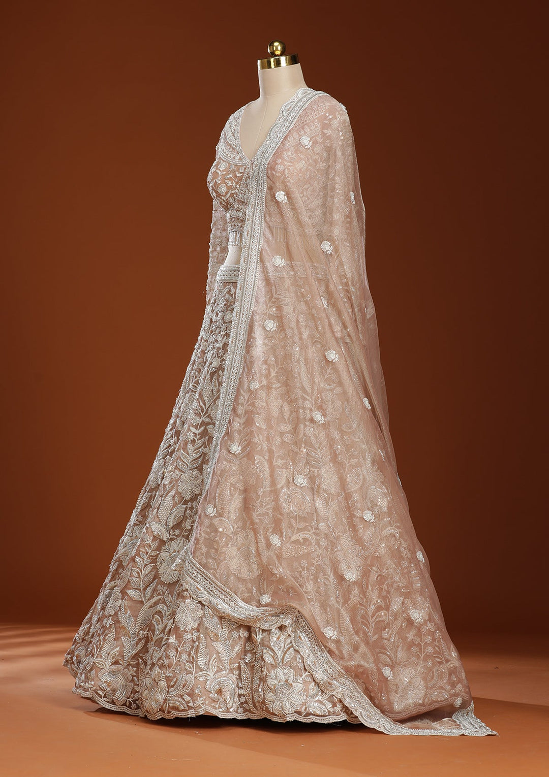 Pink Threadwork Organza Readymade Lehenga-koskii