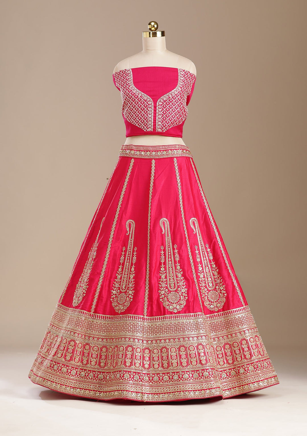 Rani Pink Cording Raw Silk Semi-Stitched Lehenga