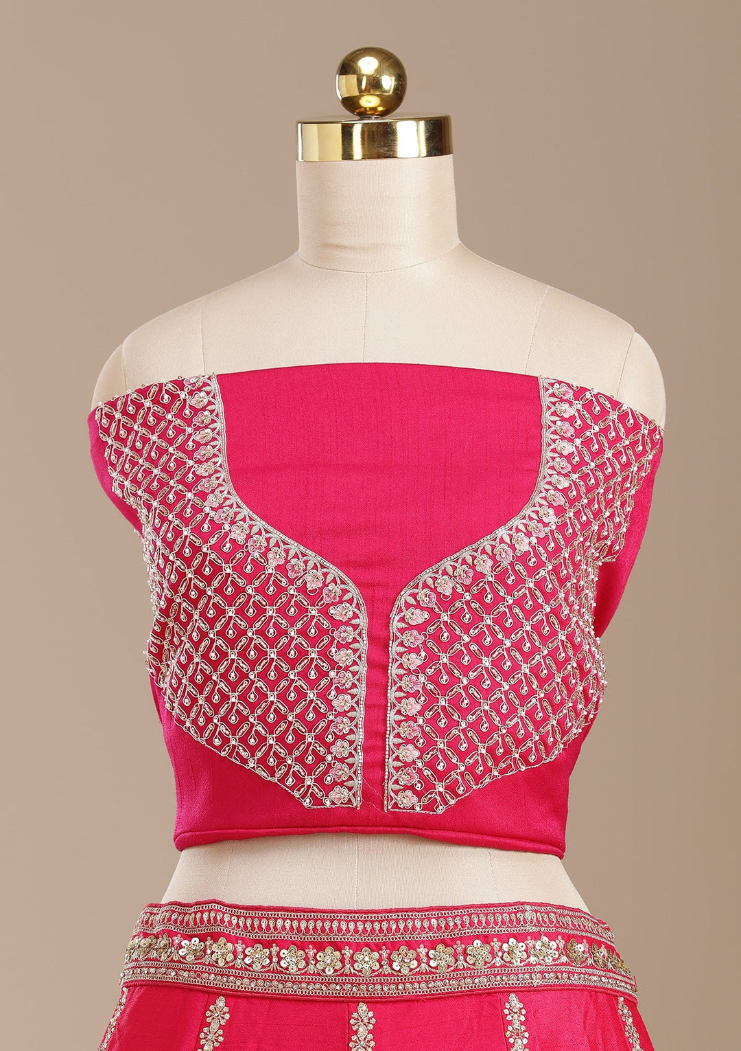 Rani Pink Cording Raw Silk Semi-Stitched Lehenga