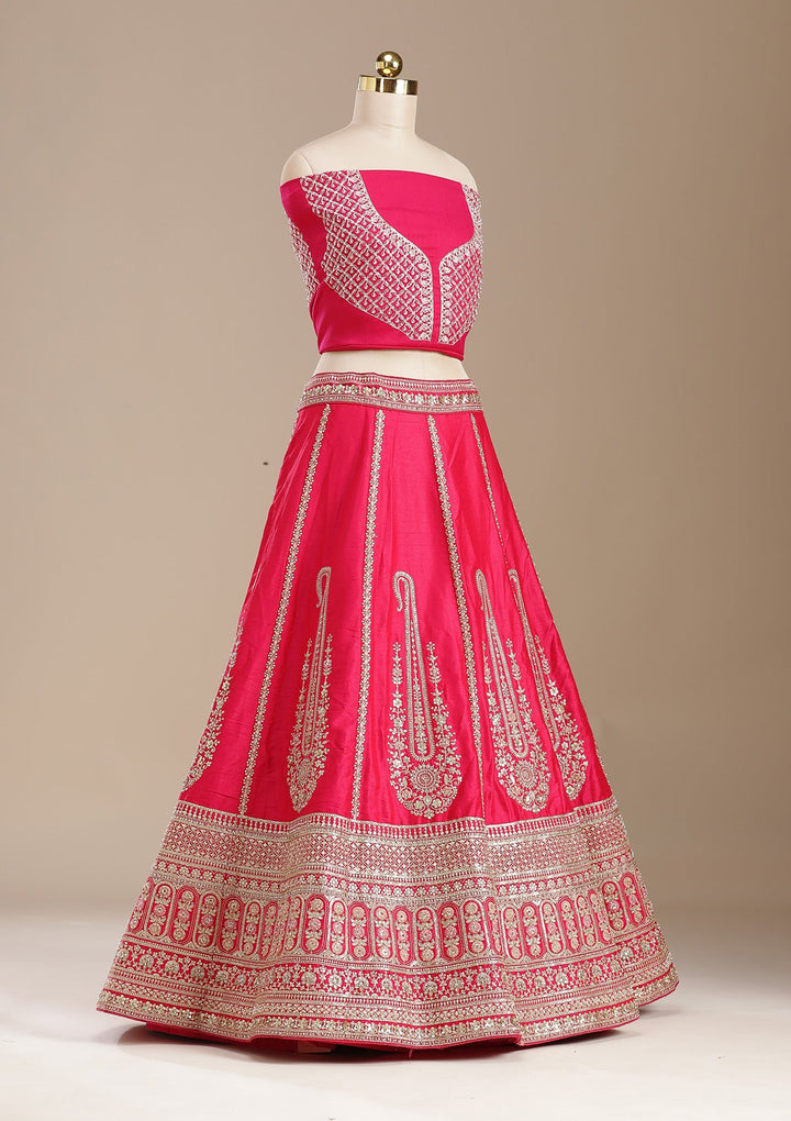 Rani Pink Cording Raw Silk Semi-Stitched Lehenga