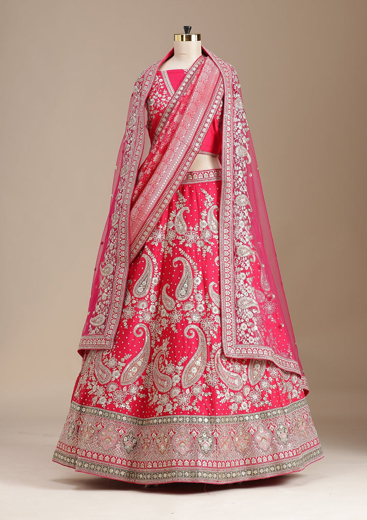 Rani Pink Cording Raw Silk Semi-Stitched Lehenga