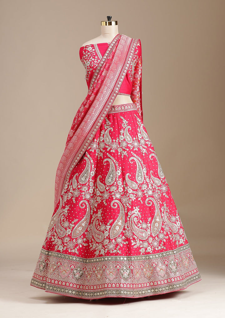 Rani Pink Cording Raw Silk Semi-Stitched Lehenga