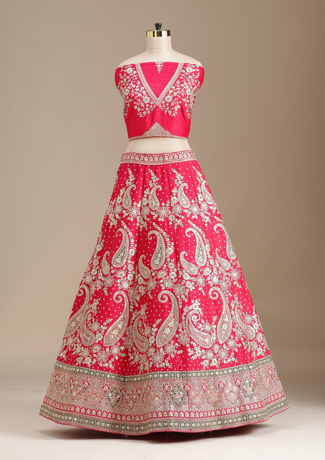 Rani Pink Cording Raw Silk Semi-Stitched Lehenga