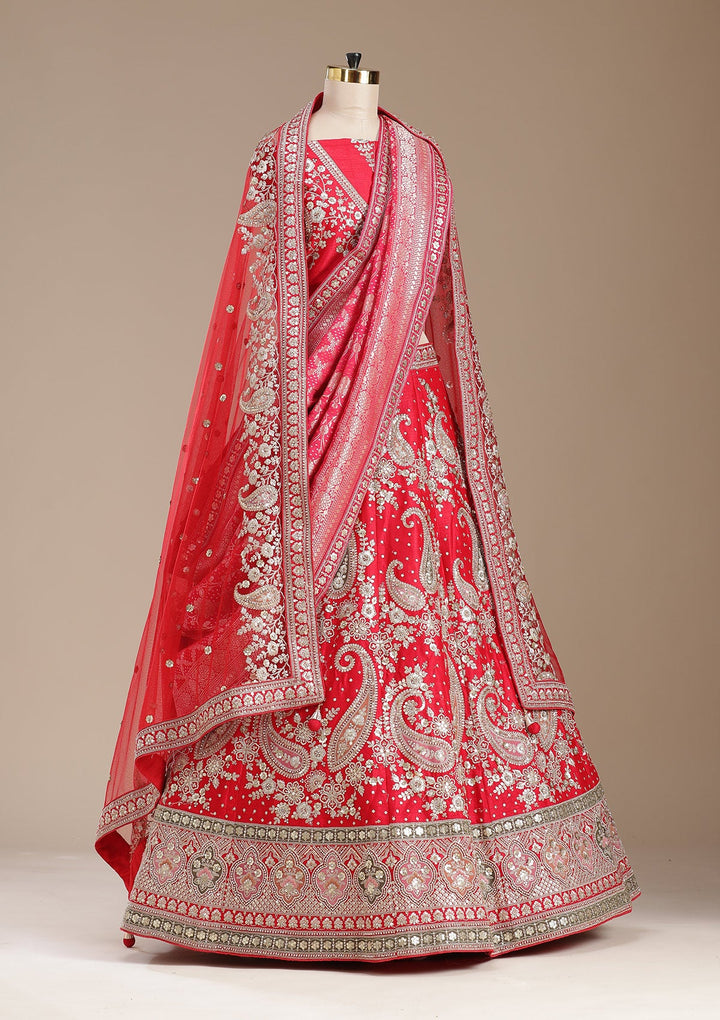 Red Cording Raw Silk Semi-Stitched Lehenga