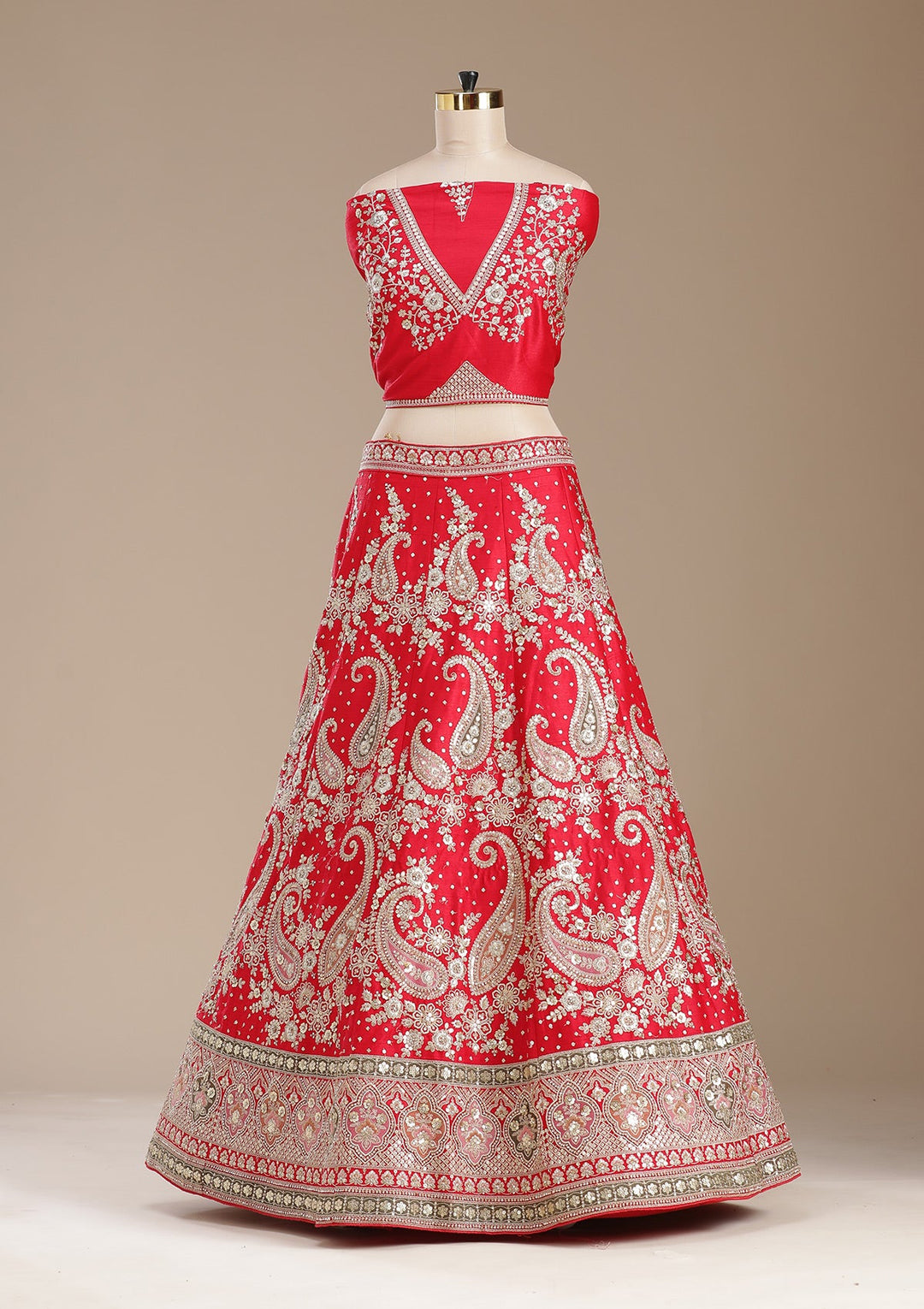 Red Cording Raw Silk Semi-Stitched Lehenga