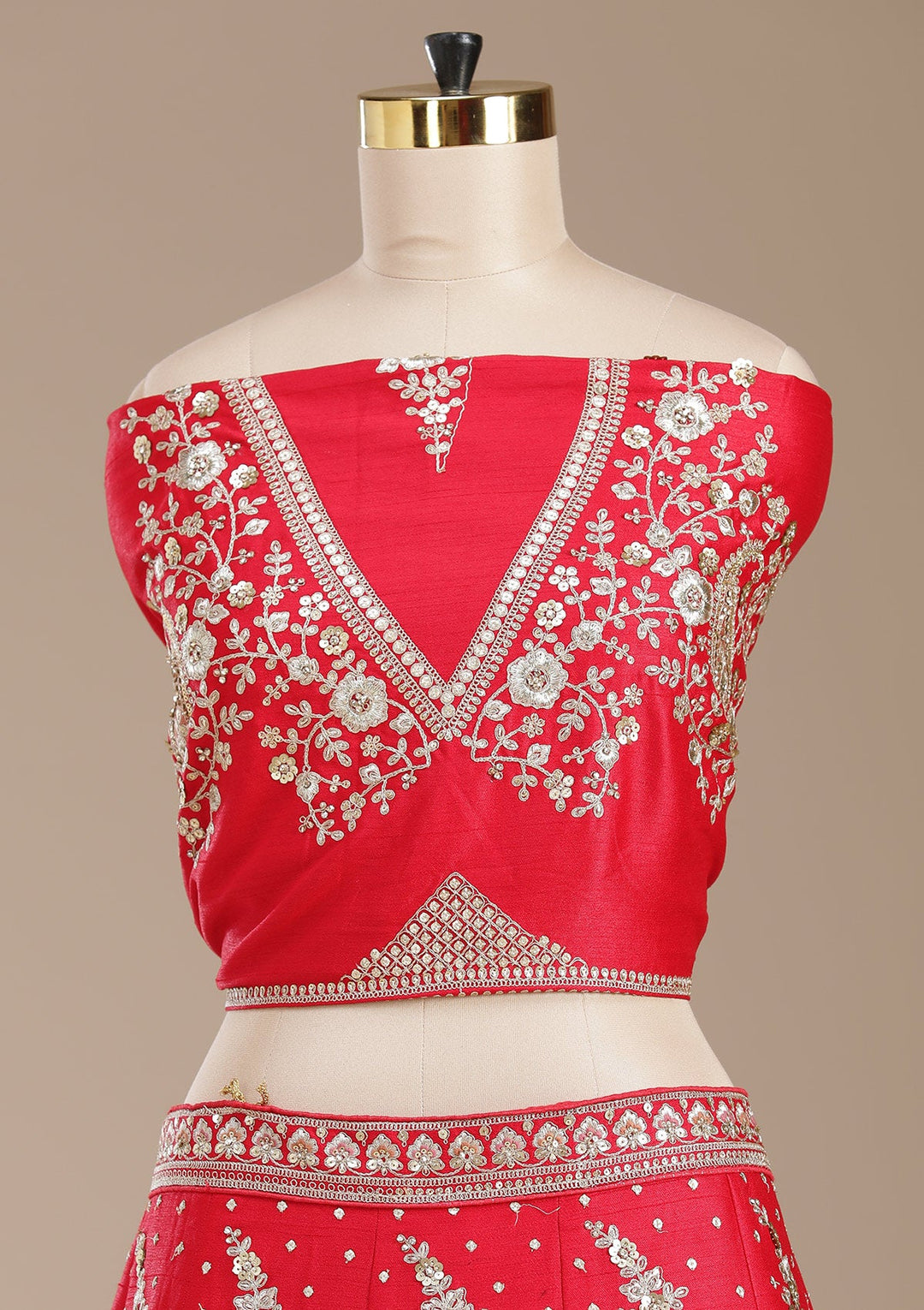 Red Cording Raw Silk Semi-Stitched Lehenga