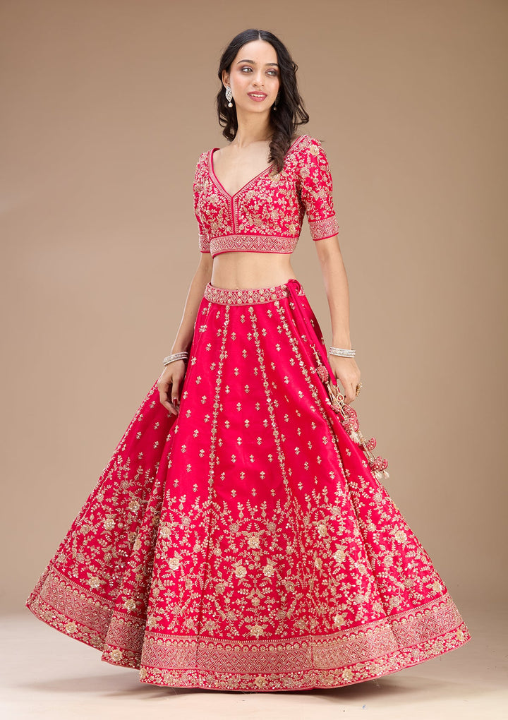 Rani Pink Zariwork Raw Silk Readymade Lehenga
