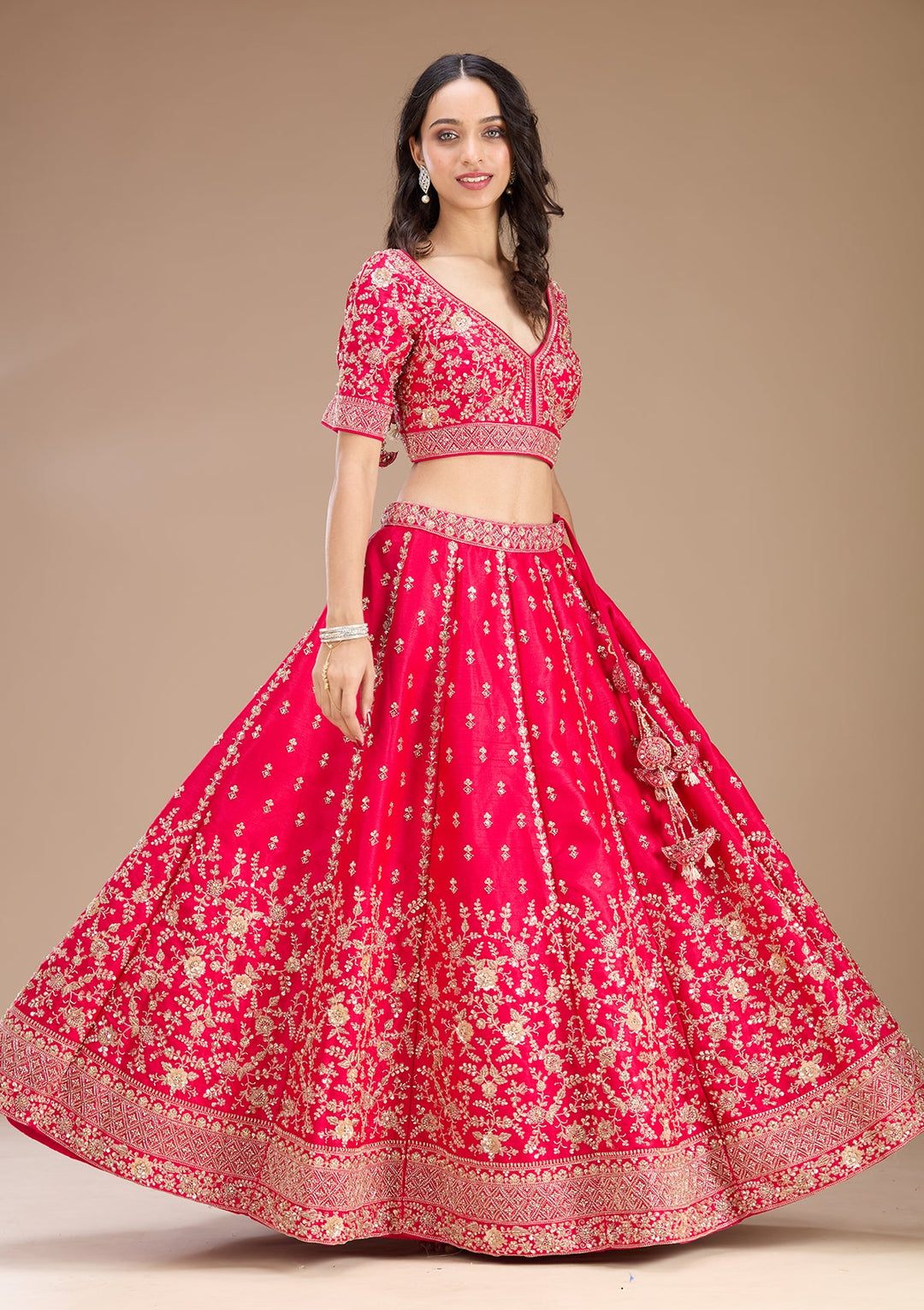 Rani Pink Zariwork Raw Silk Readymade Lehenga
