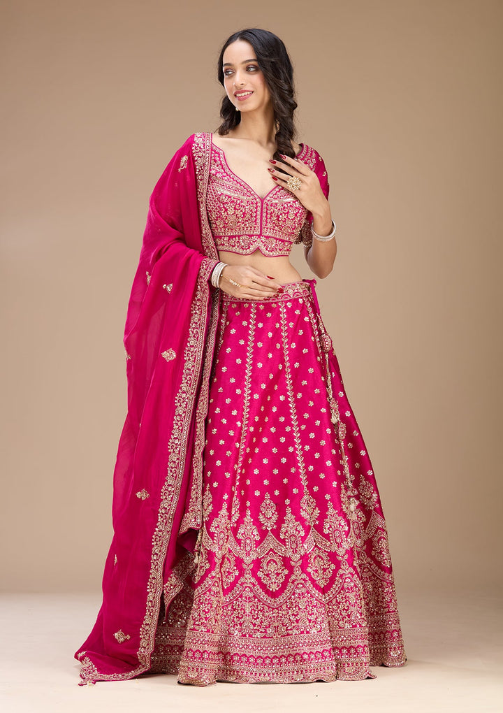 Magenta Pink Zariwork (Gold) Raw Silk Readymade Lehenga