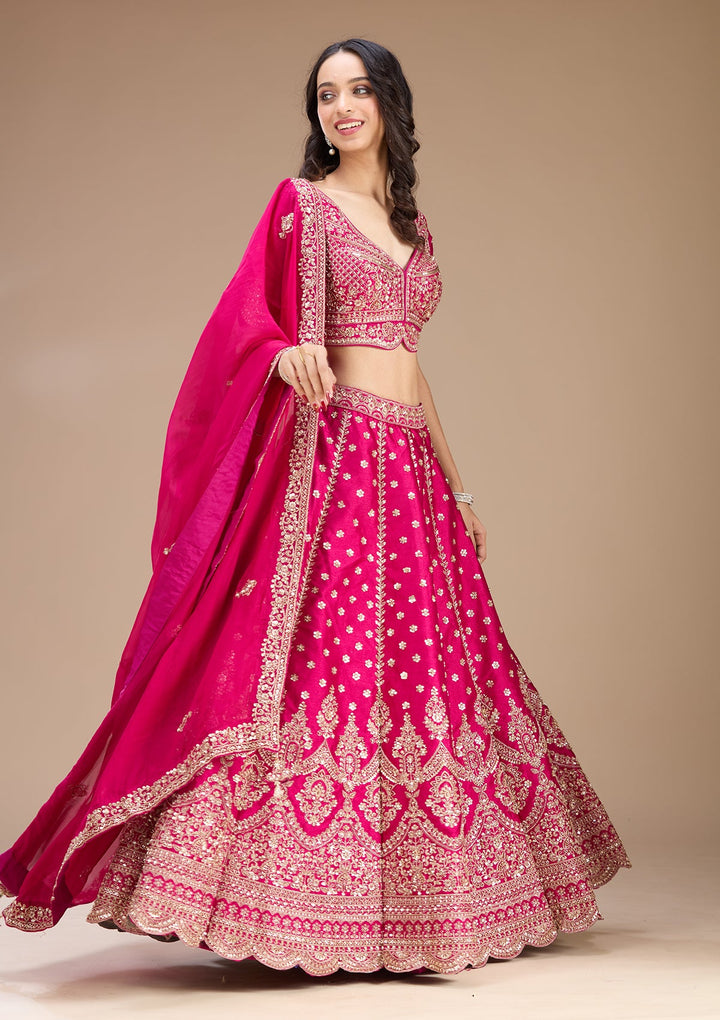 Magenta Pink Zariwork (Gold) Raw Silk Readymade Lehenga