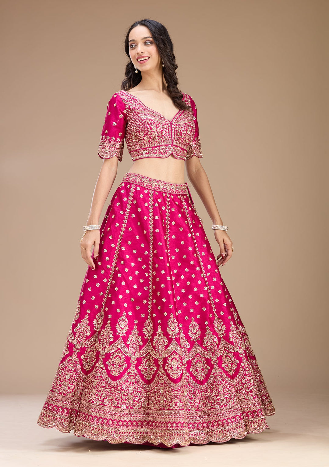 Magenta Pink Zariwork (Gold) Raw Silk Readymade Lehenga