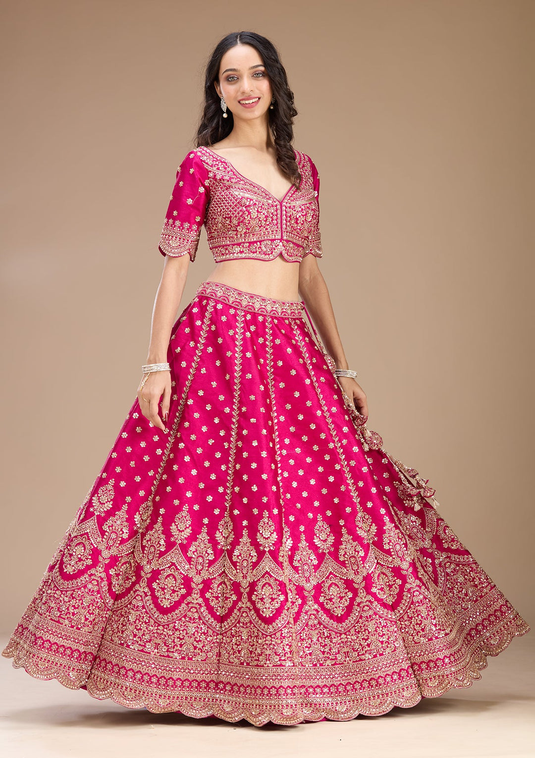 Magenta Pink Zariwork (Gold) Raw Silk Readymade Lehenga