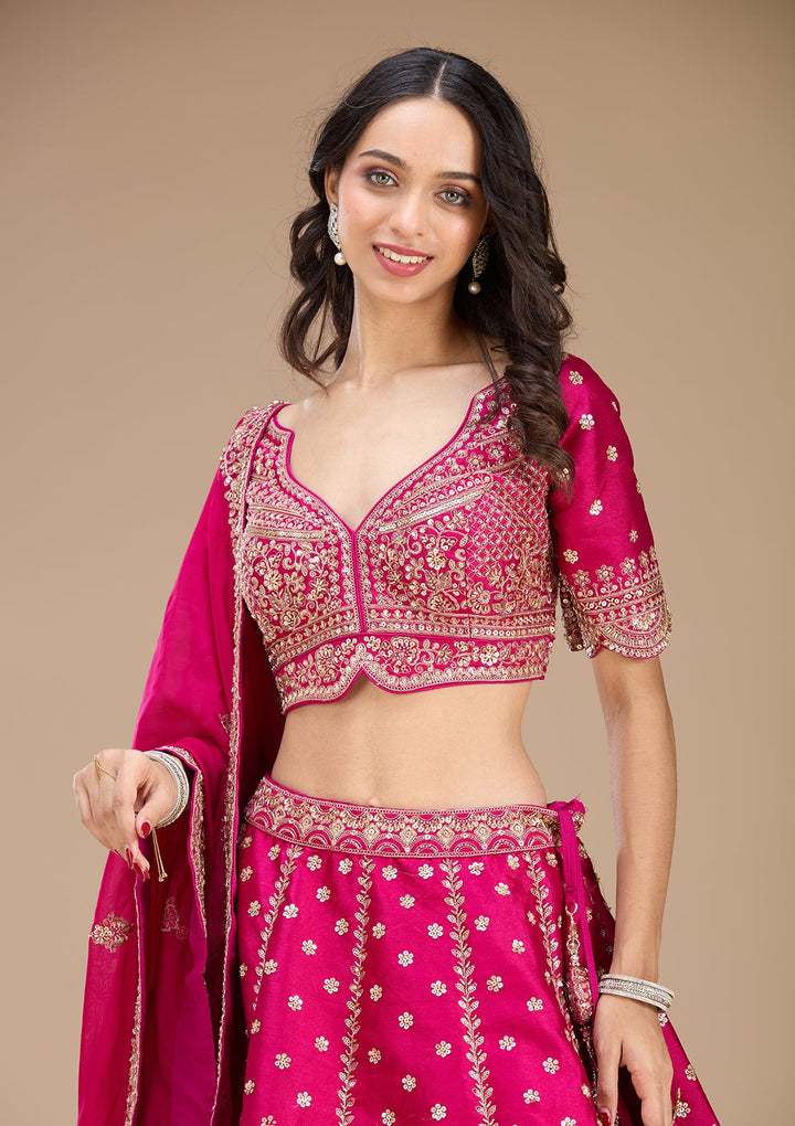 Magenta Pink Zariwork (Gold) Raw Silk Readymade Lehenga