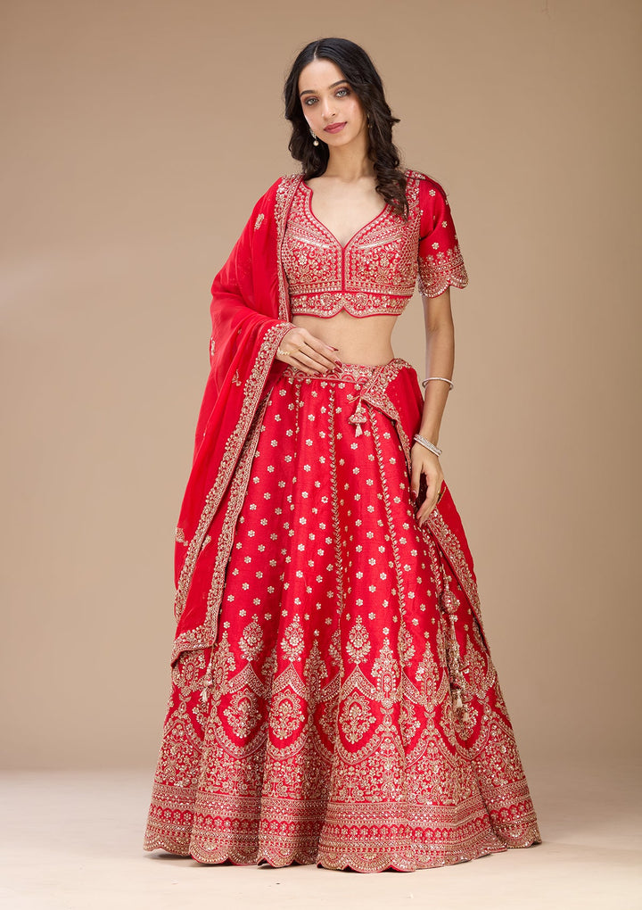Red Zariwork Raw Silk Readymade Lehenga