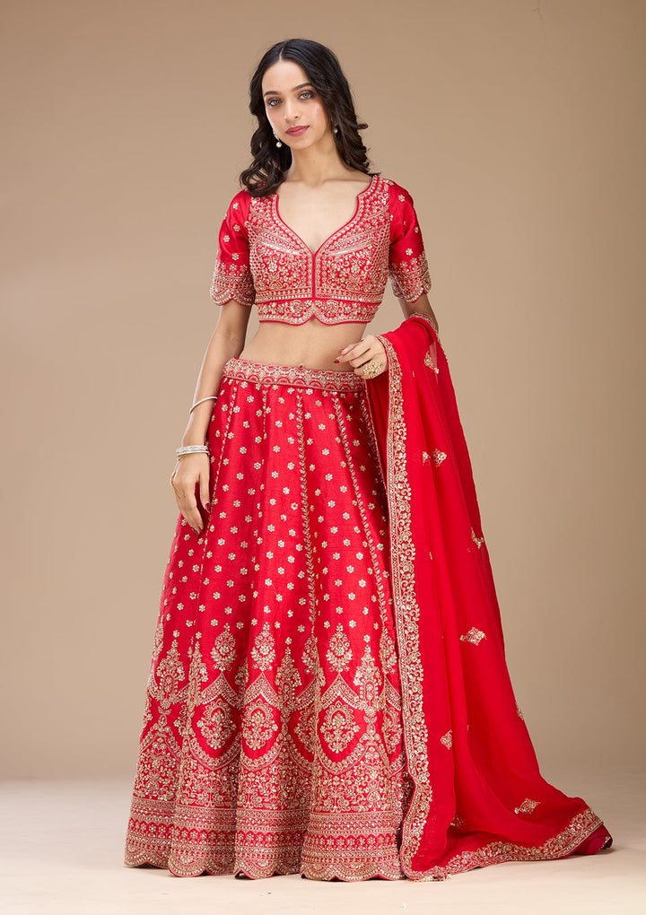 Red Zariwork Raw Silk Readymade Lehenga