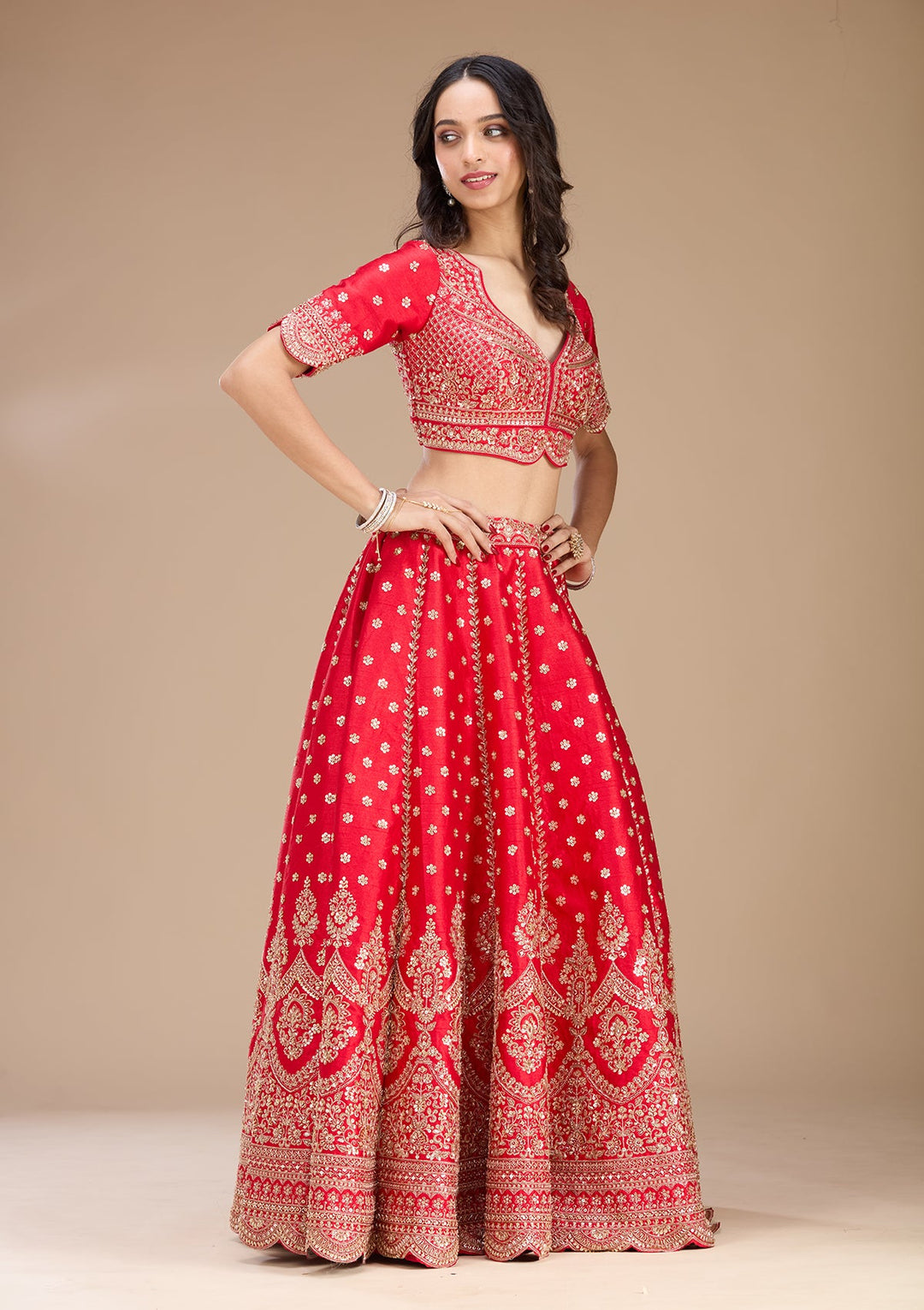 Red Zariwork Raw Silk Readymade Lehenga