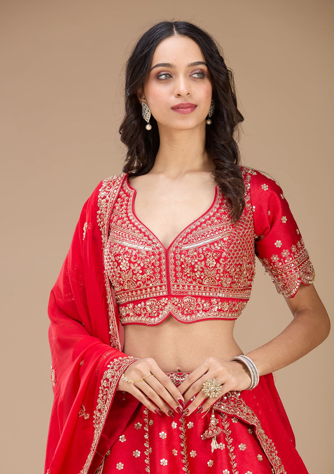 Red Zariwork Raw Silk Readymade Lehenga