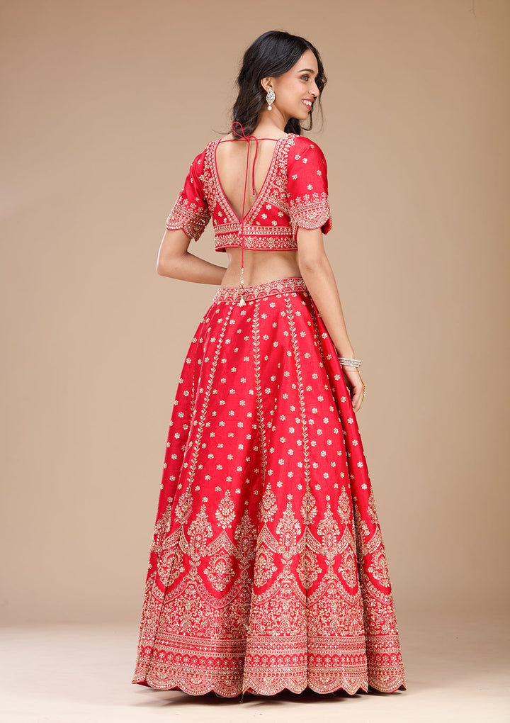 Red Zariwork Raw Silk Readymade Lehenga