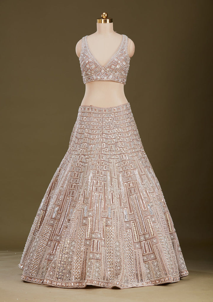 Beige Sequins Net Readymade Lehenga