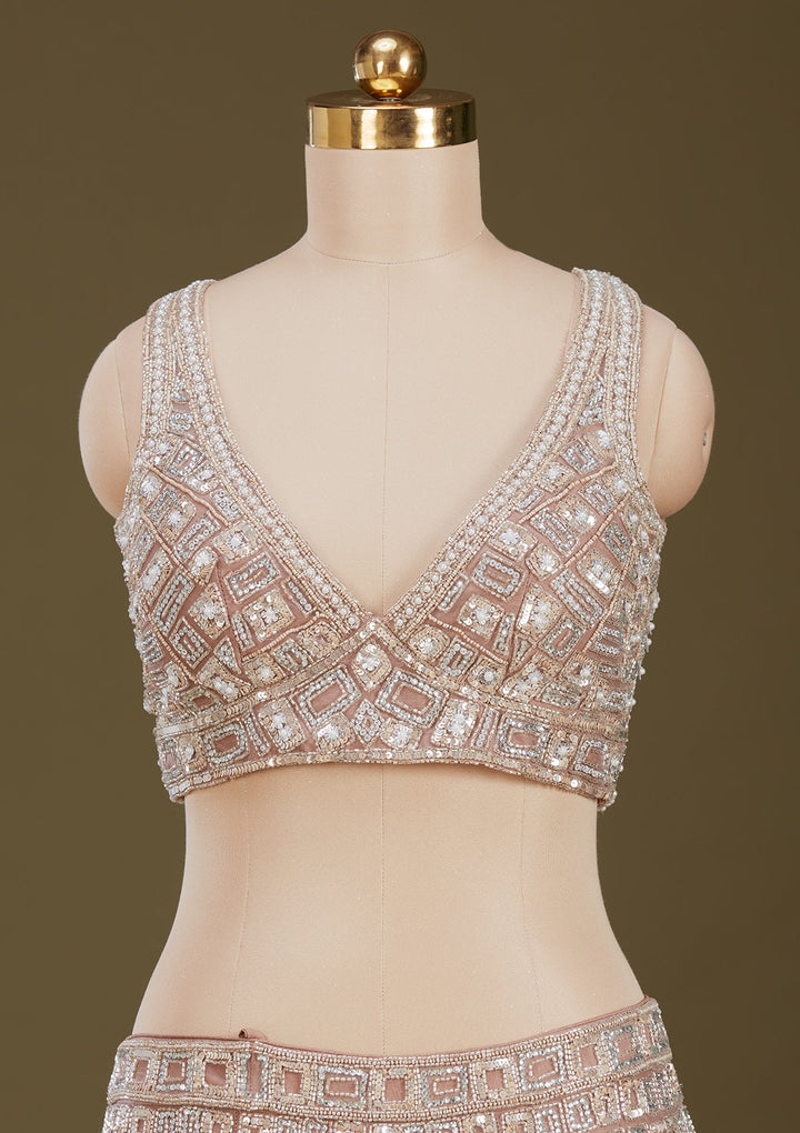 Beige Sequins Net Readymade Lehenga