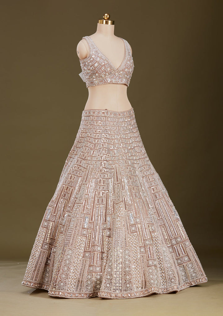 Beige Sequins Net Readymade Lehenga