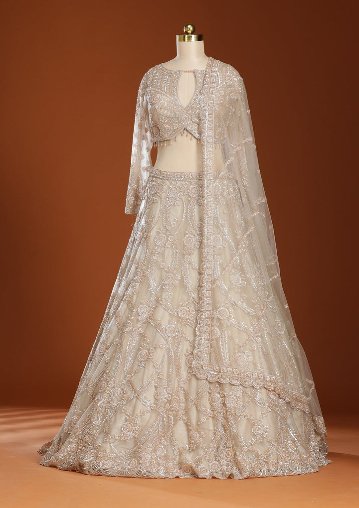 Beige Cutdana Net Readymade Lehenga-koskii