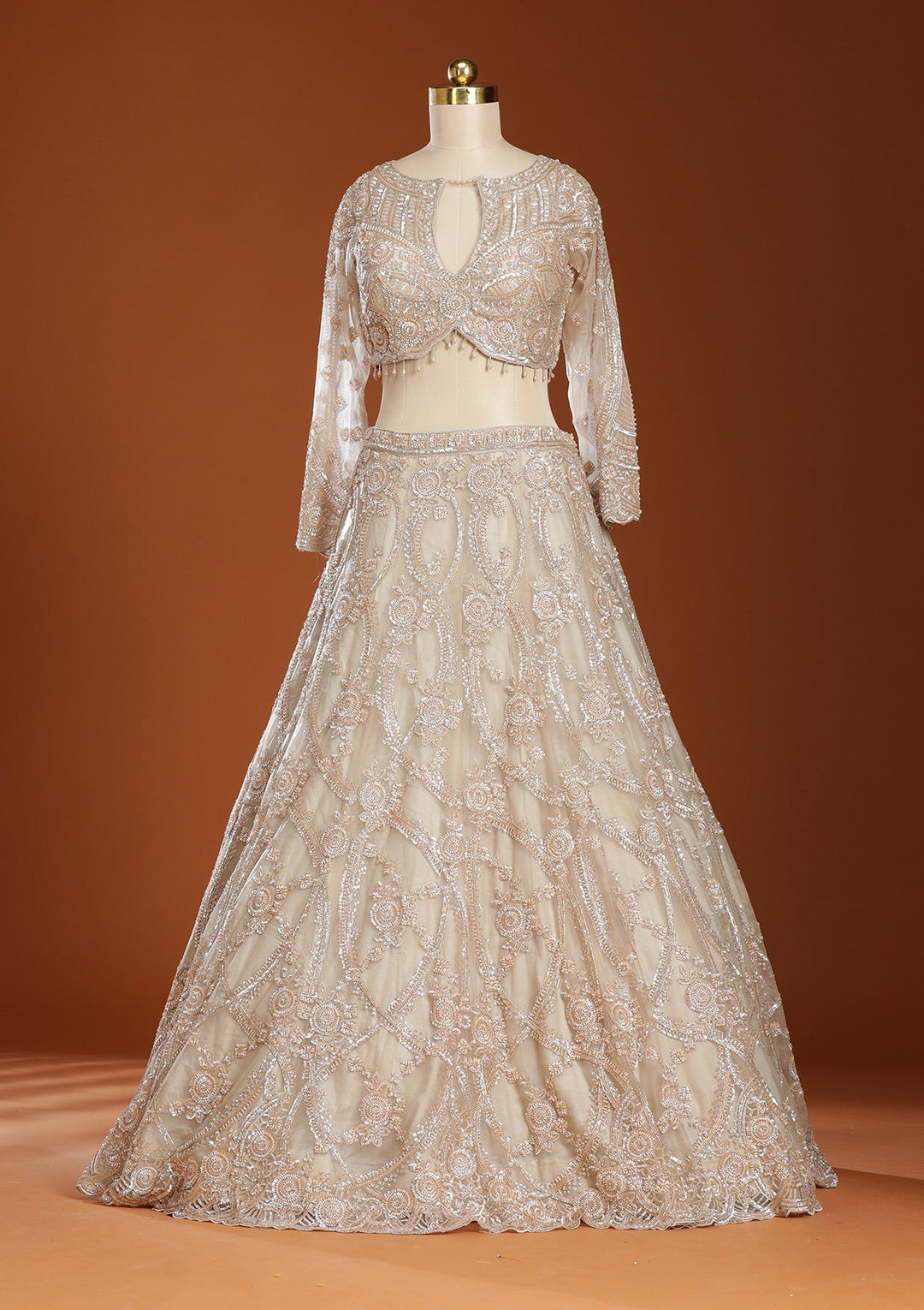 Beige Cutdana Net Readymade Lehenga-koskii