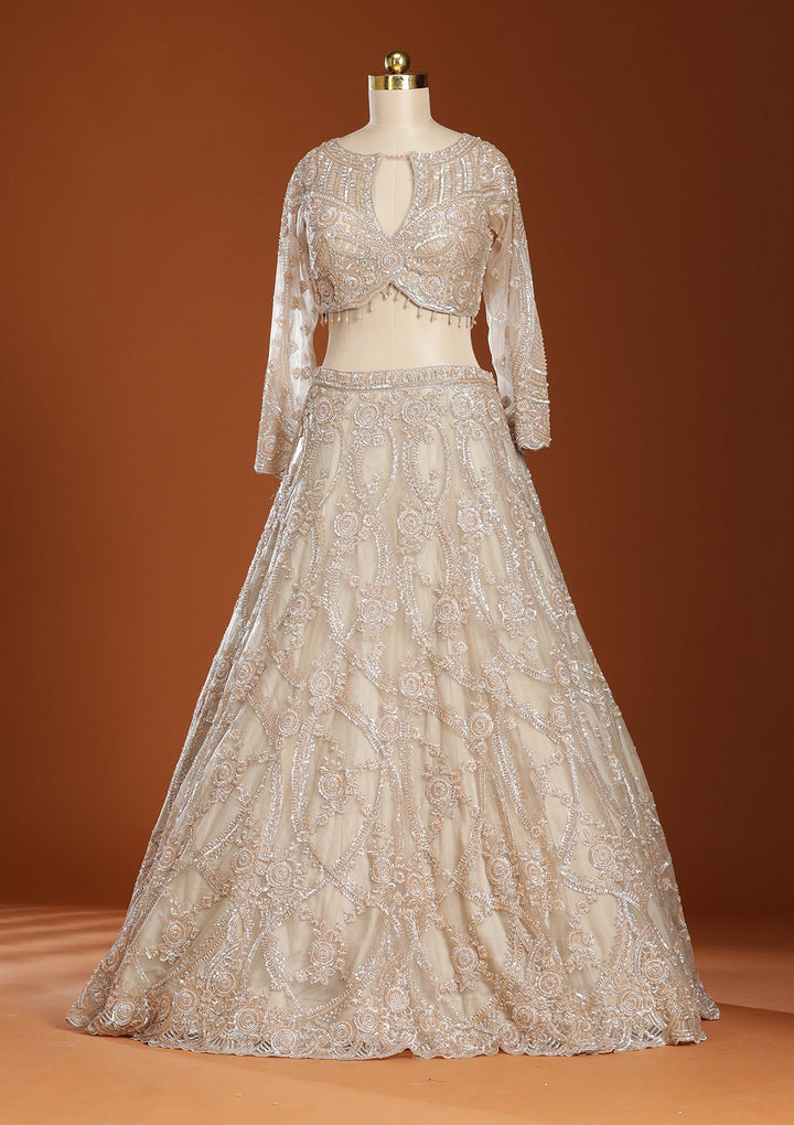 Beige Cutdana Net Readymade Lehenga-koskii