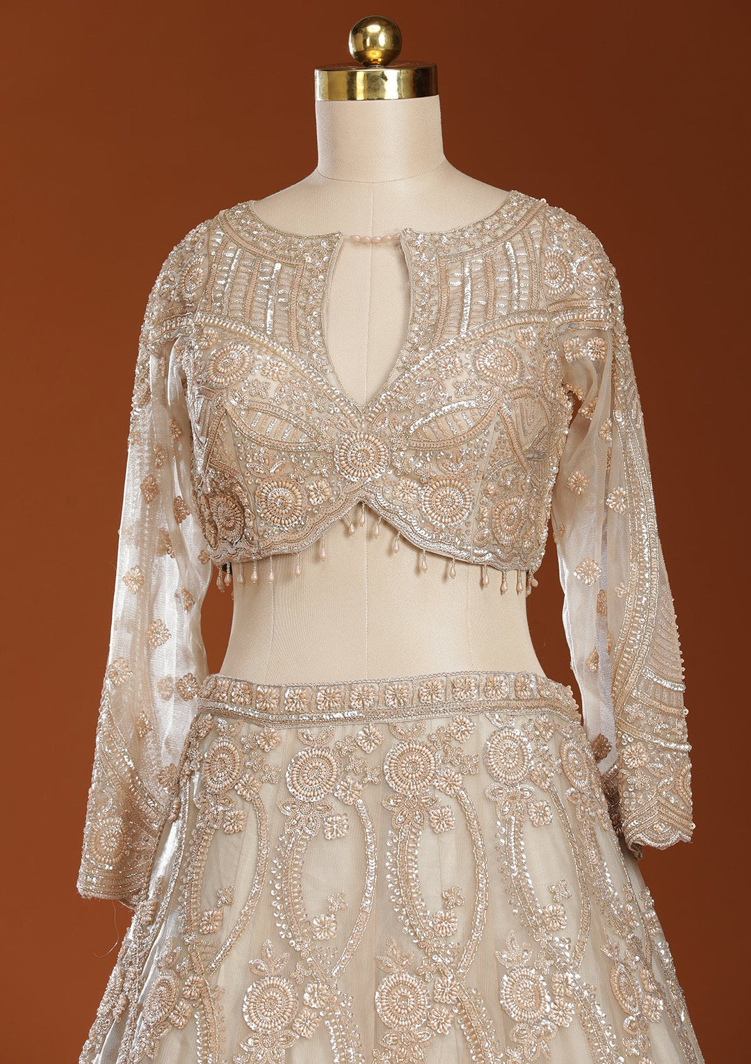 Beige Cutdana Net Readymade Lehenga-koskii