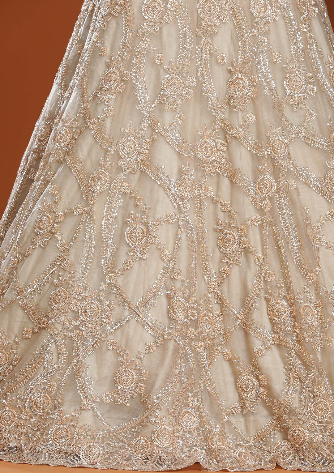 Beige Cutdana Net Readymade Lehenga-koskii