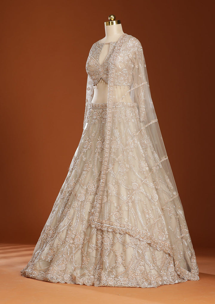 Beige Cutdana Net Readymade Lehenga-koskii