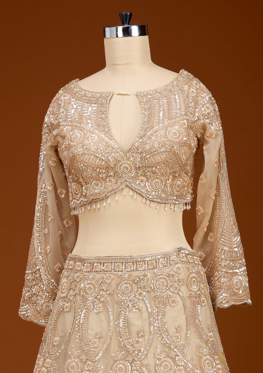 Cream Cutdana Net Readymade Lehenga