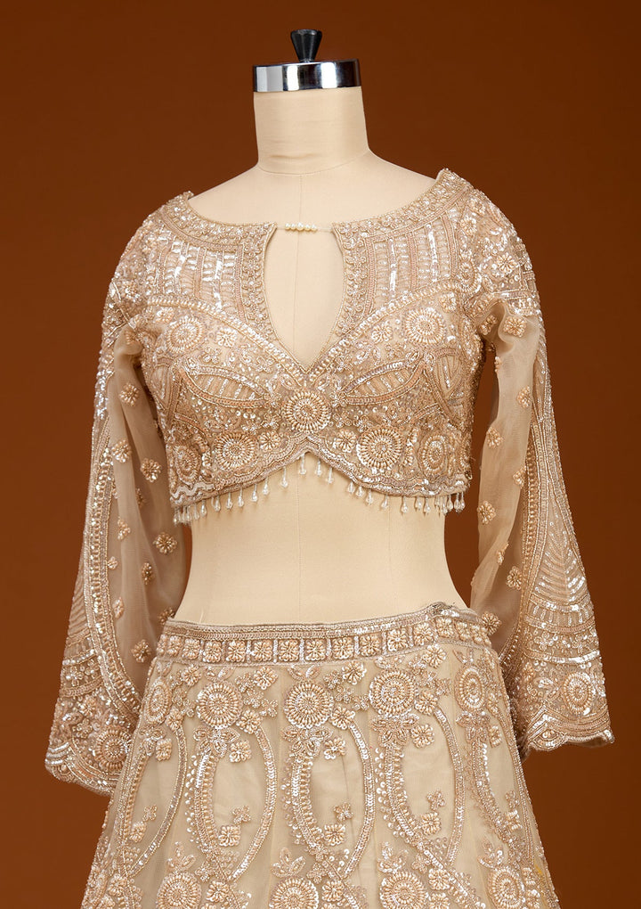 Cream Cutdana Net Readymade Lehenga