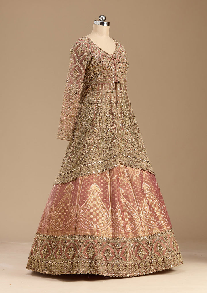 Onion Pink Cording Net Readymade Lehenga-koskii